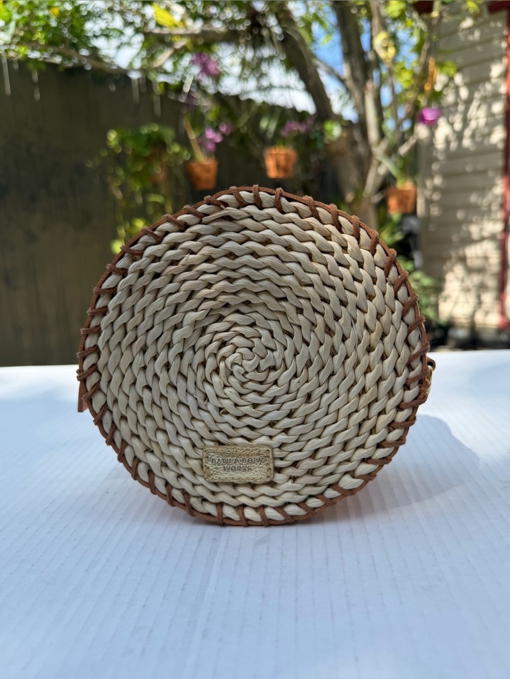 Earth Melody Works Round Woven Straw Crossbody Bag Tan Faux Leather Boho Nw